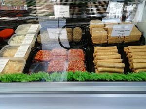 Counter - vegan link and lorne (square) sausages, coleslaw, potato salad, roast at Breakfast Brunch and Lunch in Edinburgh