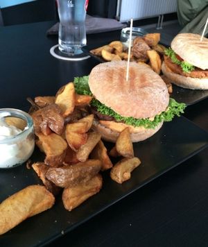 Seitan burger with a vegan cheese sauce and potato wedges with a vegan mayonnaise sauce. at Universum in Hannover