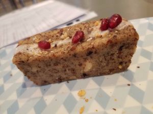 Sample slice of delicious almond walnut cake at Caju in Nice