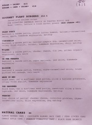 English menu (burgers & cakes) at Caju in Nice