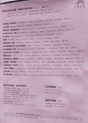 English menu (smoothies & drinks) at Caju in Nice
