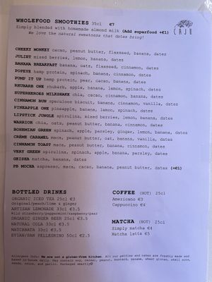 Menu drinks   at Caju in Nice