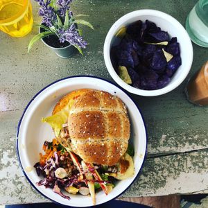 Yummy Mexican burger and salad  at Caju in Nice