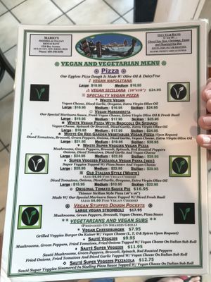 Vegan and Vegetarian Menu (Front). at Mario's Pizza in Ocean City