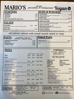 Vegan Menu at Mario's Pizza in Ocean City
