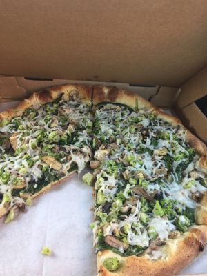 So good! Vegan white pie with mushrooms, broccoli, spinach and vegan cheese.  at Mario's Pizza in Ocean City