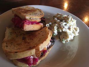 Smoked portabello Rueben with Mac salad. Amazing!!!! at Of Roots and Blooms - Pop-up in Portland