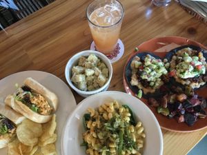 Rancheros, smoked leek and asparagus Mac and cheese, German style potato salad, tuna-style salad sub.  at Of Roots and Blooms - Pop-up in Portland