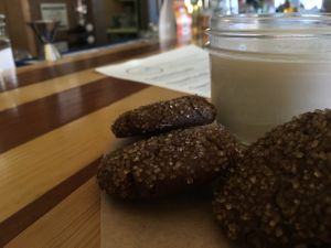 Homemade almond milk and cookies at Of Roots and Blooms - Pop-up in Portland