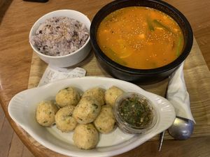 Tofu soup with rice + dumplings at A Cup of Peace in Boulder
