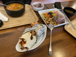 Korean Burrito with tofu, misc other dishes  at A Cup of Peace in Boulder