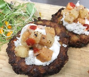 Parsnip Potato Latkes with Apple Persimmon Chutney and HorseRadish Sour Cream at Chalk Hill Cookery in Healdsburg