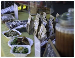 Sebastopol Farmer's Market Stand. Find Sunflower Veggie Burgers, Cashew Cheese Ravioli, Dark Chocolate Macaroons, Coconut Milk Chai and more  at Chalk Hill Cookery in Healdsburg