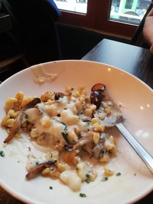 Homemade past with crusty mushrooms and creamy sauce at WILD in Antwerpen