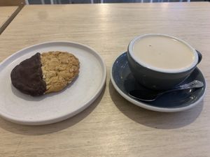 Soya latte and vegan chocolate HobNob  at Idle Hands in Manchester