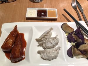 From L to R. Ribs. Dumplings. Miso Eggplant  at Go Zen in New York City