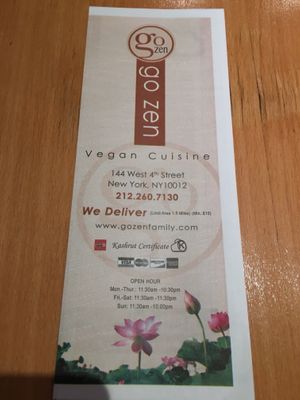 Menu front and contact  at Go Zen in New York City