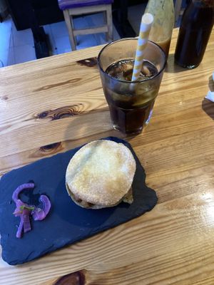 Chickpea Gordita with Bacardi Rum cola  at Beats & Burritos in Lagos