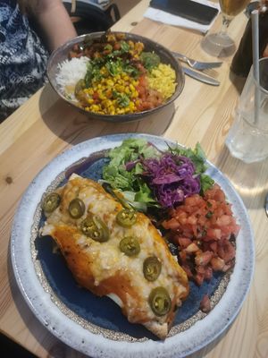 Vegan enchilada and Build-your-own Bowl at Beats & Burritos in Lagos