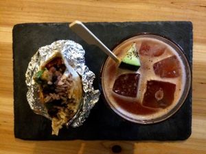 Amazing 5€ bloody mary's and a fully vegan burrito. YUM! at Beats & Burritos in Lagos