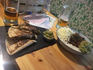 Our delicious food - quesadillas and vegan chilli at Beats & Burritos in Lagos