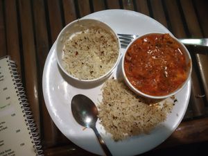 Mushrooms and Tofu gravy with Rice at Pure Soul Cafe in Rishikesh