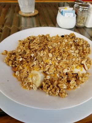 The granola fruit mix. The granola was really crispy and there was banana and papaya underneath. Reminded me of home. at Pure Soul Cafe in Rishikesh