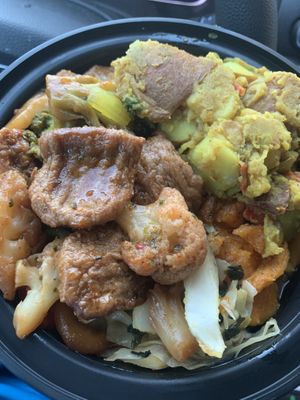 Vegan “beef” made from seitan, curried potatoes, sweet potatoes   at Jolo's Restaurant and Venue in New Rochelle