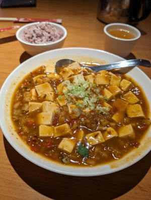 Mapo tofu and brown rice at Hui Tien Vegetarian in Taipei