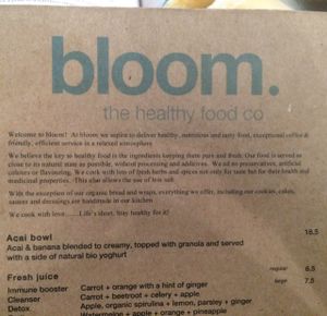 Menu at Bloom in Mosman