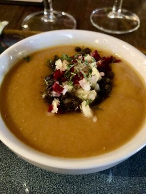 Pumpkin soup with beluga lentils  at Harvest Beat in Seattle