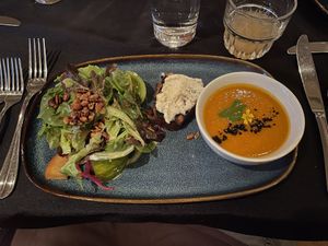 1st & 2nd course plated together (all pics from fall 2023 menu)  at Harvest Beat in Seattle