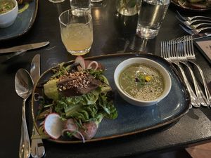 Nettle soup & fiddlehead salad  at Harvest Beat in Seattle