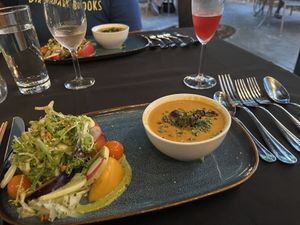 Tomato & mushroom bisque & salad  at Harvest Beat in Seattle