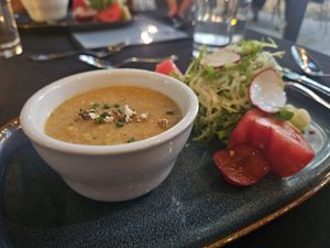 Corn chowder and salad at Harvest Beat in Seattle