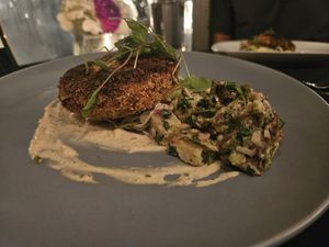 Lobster mushroom cake with fennel slaw and potato salad at Harvest Beat in Seattle