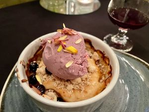 peach cobbler and mountain huckleberry coconut ice cream  at Harvest Beat in Seattle