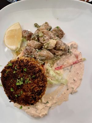 Lobster mushroom cakes with local new potato salad with house pickle remoulade  at Harvest Beat in Seattle