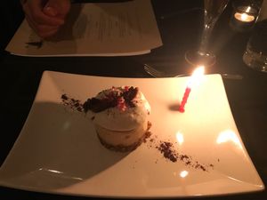 Our dessert came out with a candle for our anniversary :) at Harvest Beat in Seattle