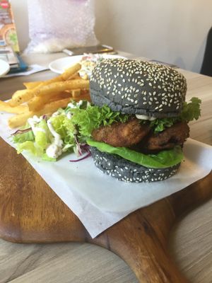 King oyster mushroom burger - fries okay, bun too sweet, mushrooms abit bland at Saute in Central Singapore