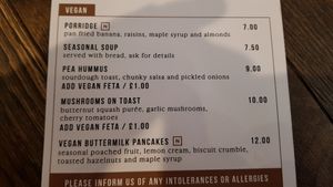 Vegan menu at Mrs Atha's in Leeds