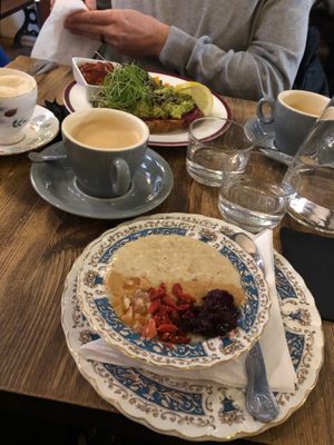 Food plus oat milk cappuccinos at Mrs Atha's in Leeds