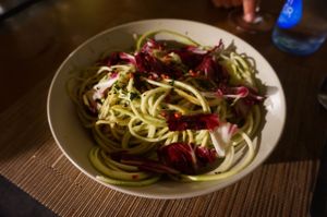 Raw vegan spaghetti made from zucchini at S'alcadena in Mallorca