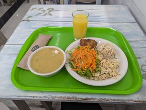 Lunch of the day. Onion soup, vegan chicken, salad, rice and dumplings. Passion fruit juice. About $4 US at Veggie Life in Medellin