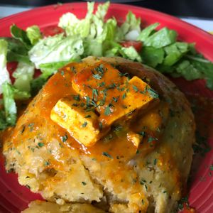 Deliciously flavorful mofongo with tofu in tomato sauce. Incredible! at La Morena Bar and Restaurant in Lares