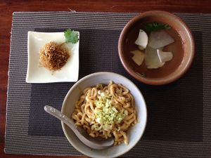 Spicy noodles + Daily soup + extra appetizer at Hsia An Chu Vegetarian in Taitung