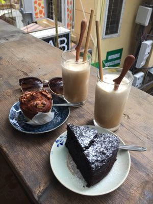 Coconut coffee with walnut & banana muffin and chocolate coffee cake ,yummm at La Studio in Hanoi