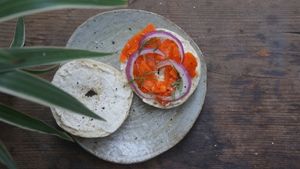 vegan carrot lox and cream cheese on homamade sesame bagel at La Studio in Hanoi
