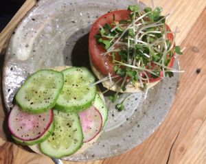 Exactly what we wanted - a delicious bready bagel with hummus and nice fresh veggies at La Studio in Hanoi