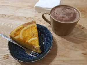 Orange cake and hot chocolate at La Studio in Hanoi